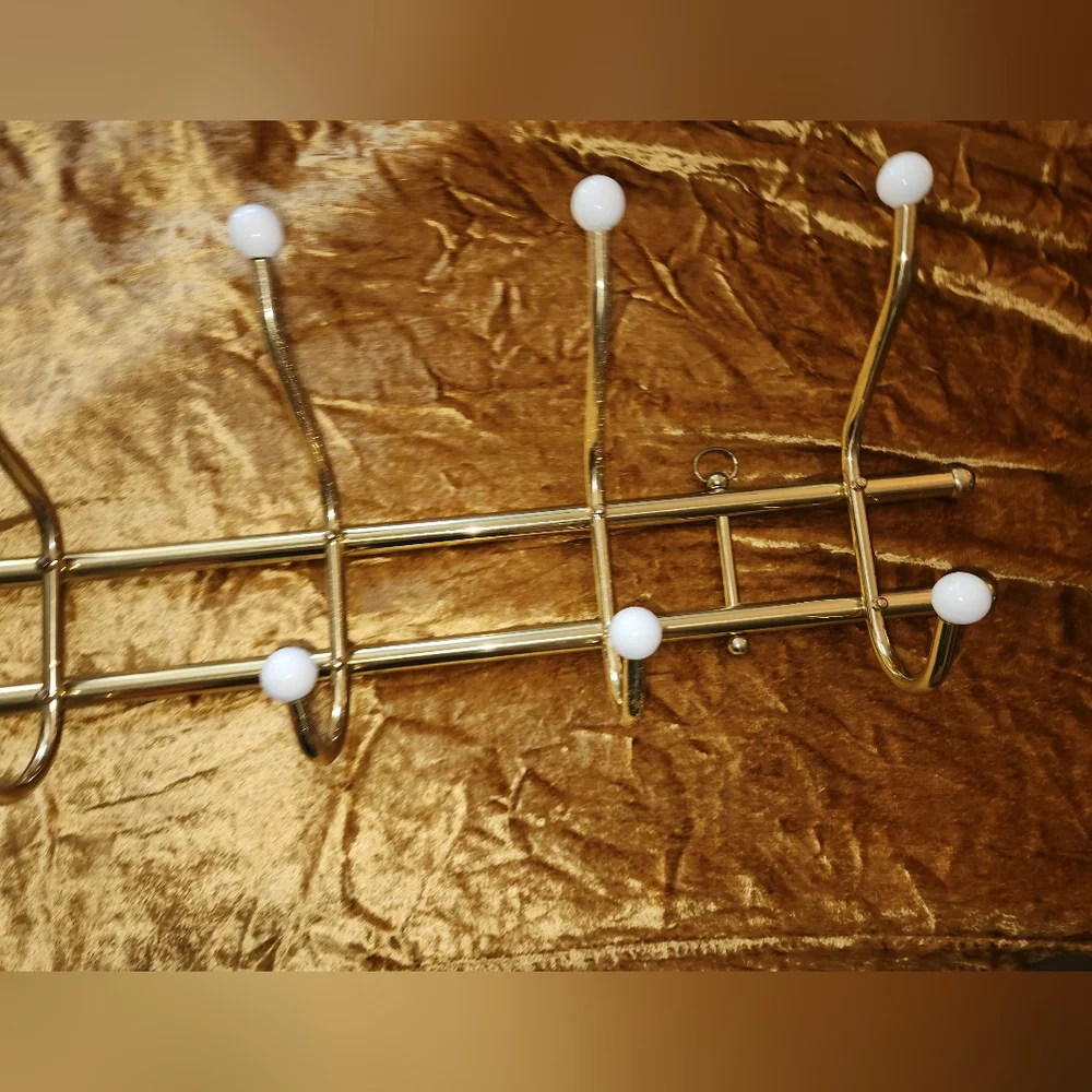 Vintage 1970s Beautiful Gold Brass Wall Mounted Coat Rack Hooks Porcelain Knobs